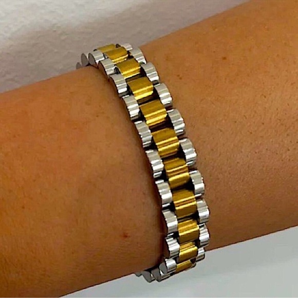 Two Tone Link Watch Band Bracelet Gold Silver Chain Link Unisex - Picture 6 of 6